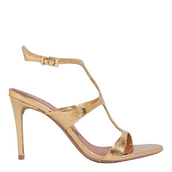SANDÁLIA COURO SANTA LOLLA METALIZADO SALTO ALTO FINO DOURADA