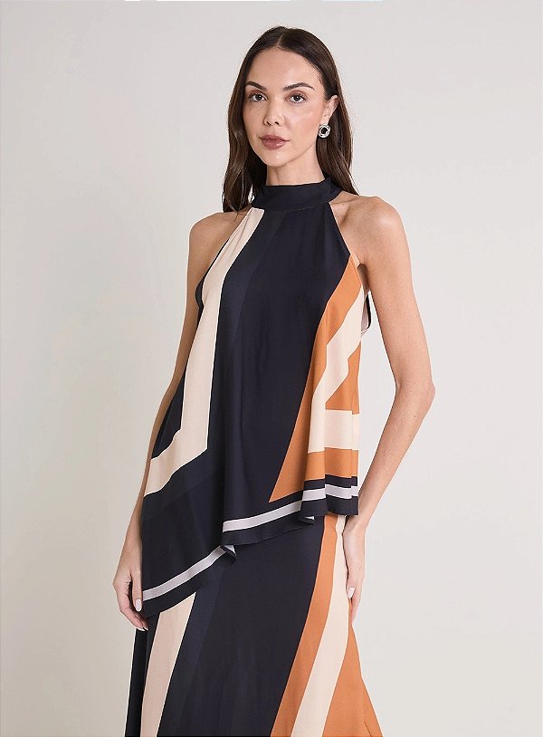 BLUSA FORUM ESTAMPADA ASSIMÉTRICA GOLA ALTA