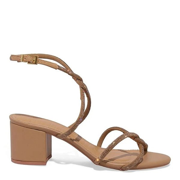 SANDÁLIA NAPA SOFT BRILHO STRASS SANTA LOLLA SALTO BLOCO BEGE