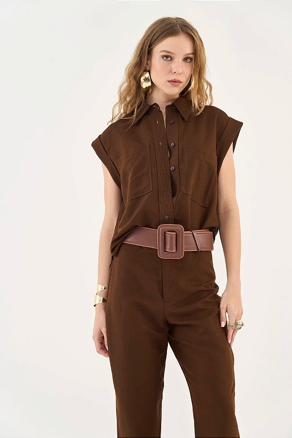 CAMISA RETA COM LINHO COLCCI E BOLSO FRONTAL