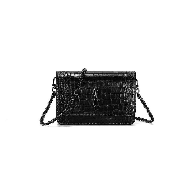 BOLSA FLAP PEQUENA CROCO SANTA LOLLA PRETA ALÇA CORRENTE