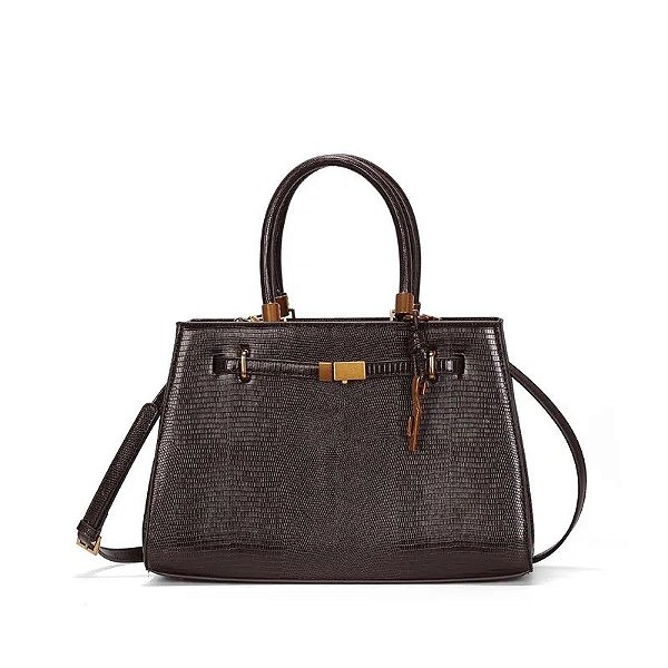 BOLSA MÉDIA SANTA LOLLA TEXTURIZADA LIZARD ALÇA TRANSVERSAL MARROM DARK