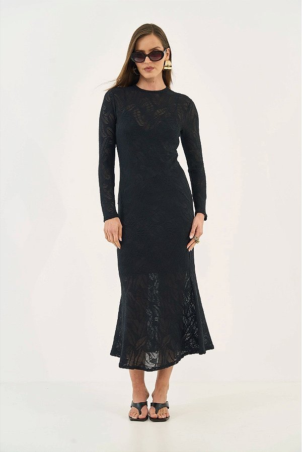 VESTIDO MIDI MANGA LONGA EM RENDA