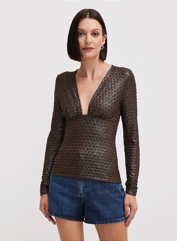 BLUSA FORUM JUSTA TEXTURIZADA MANGA LONGA COM DECOTE V