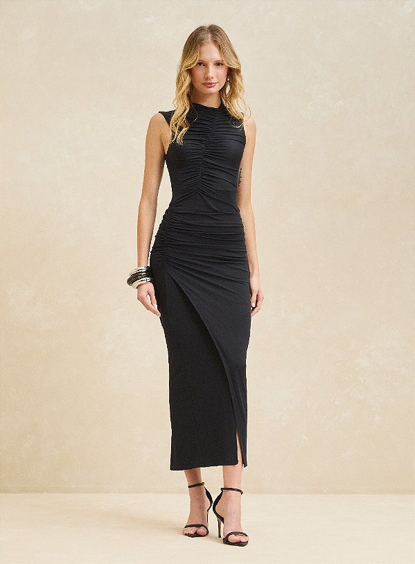 VESTIDO MIDI FÓRUM DE MALHA COM FRANZIDOS