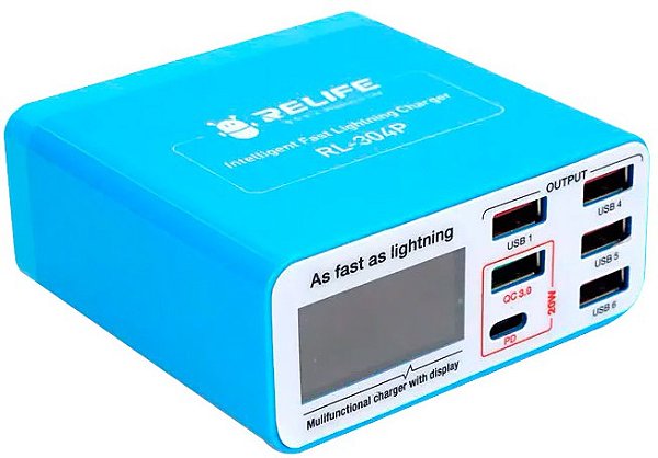 CARREGADOR 6 PORTAS PD + QC 3.0 RL-304 RELIFE