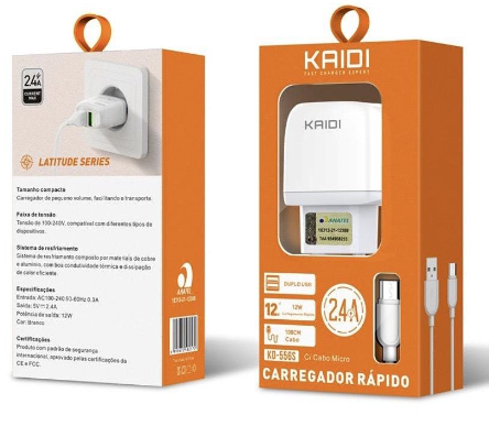 Fonte Carregador 2 Usb 12W 2.4A C/ Cabo Usb Tipo C - Kaidi