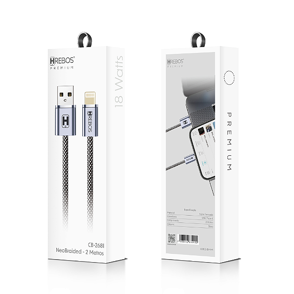Cabo Premium Nylon Usb Para iPhone 18W 2M CB-268I Hrebos