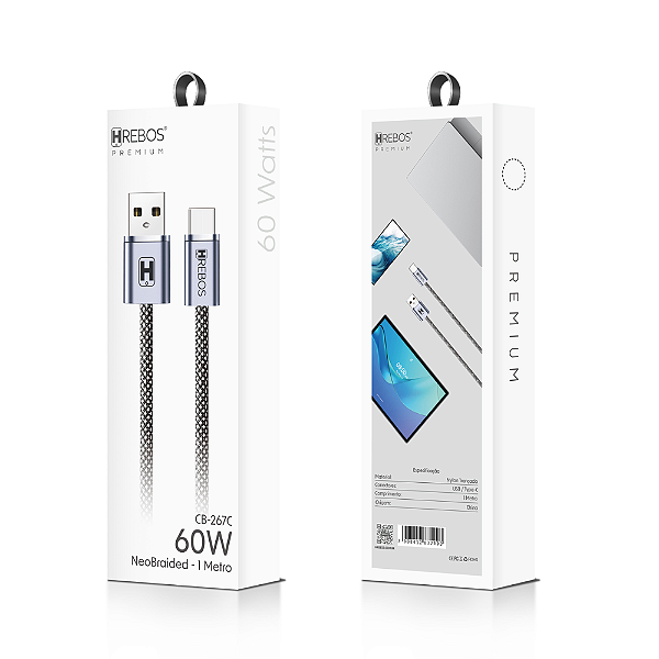 Cabo Premium Nylon Usb Para Tipo C 60W 1M CB-267C Hrebos