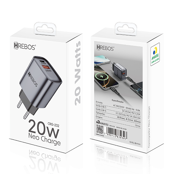 Fonte Carregador Turbo 1 Usb + 1 Tipo C 20W CRG-232 Hrebos