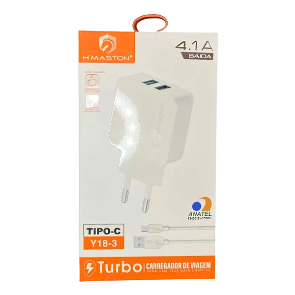 Carregador Rápido 2 Usb 3.1A C/ Cabo Tipo C Y18-3 Hmaston