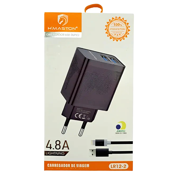 Carregador Rápido 2 Usb 4.1A C/ Cabo iPhone LR12-2 Hmaston