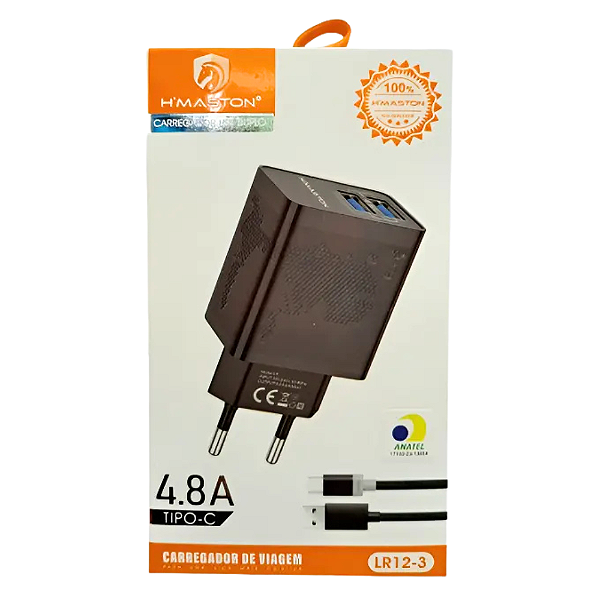 Carregador Rápido 2 Usb 4.8A C/ Cabo Tipo C LR12-3 Hmaston