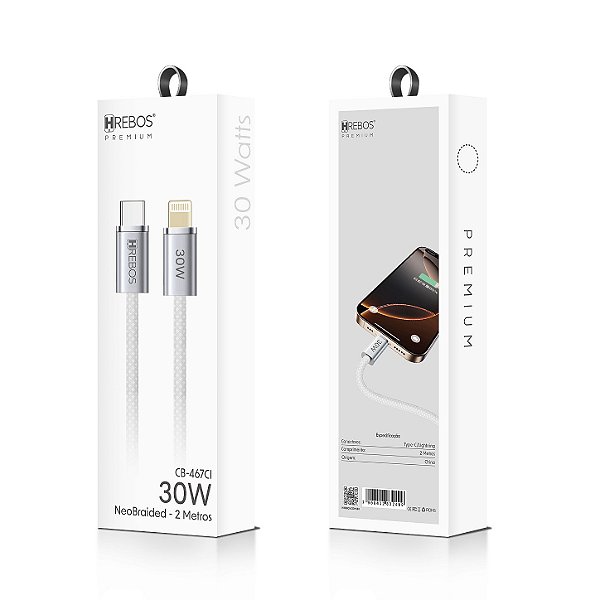 Cabo Premium Nylon Tipo C Lightning 30W 2M CB-467CI Hrebos