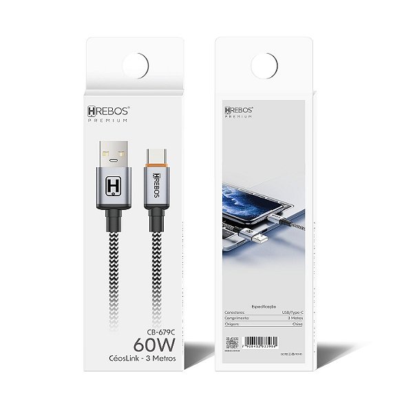 Cabo Premium Nylon USB Tipo C 60W 3M CB-679C Hrebos