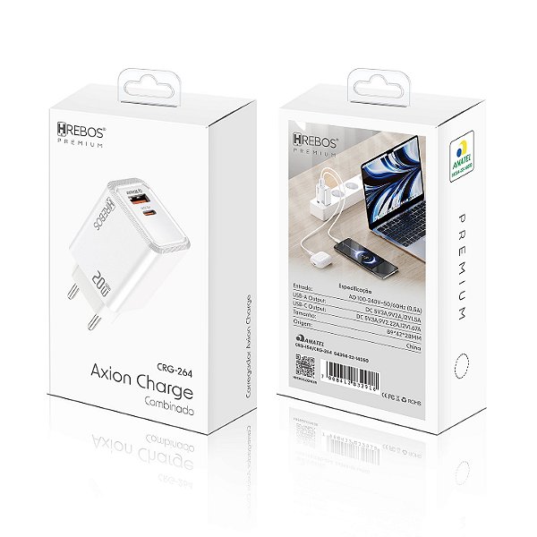 Fonte Carregador Axion Rápido 1 Usb + 1 Tipo C 20W CRG-264 Hrebos