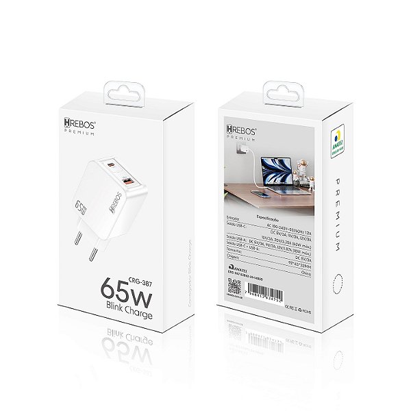 Fonte Carregador Blink Rápido USB + Tipo C 65W CRG-387 Hrebos
