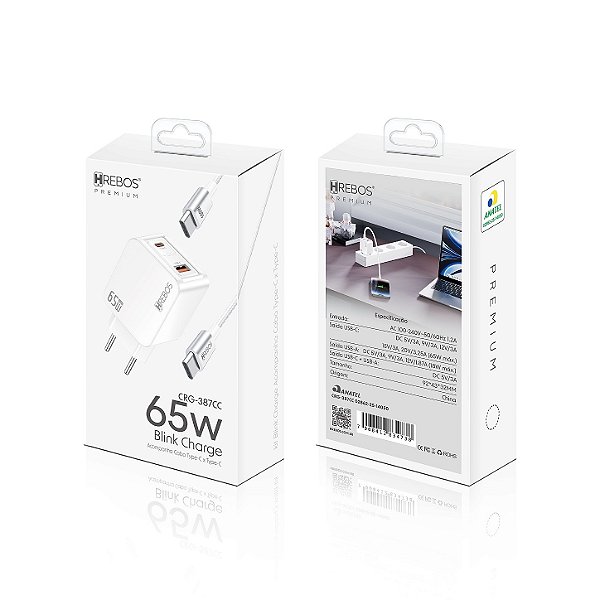 Carregador Rápido 1 Usb + 1 Tipo C 65W + Cabo Tipo C CRG-387CC Hrebos