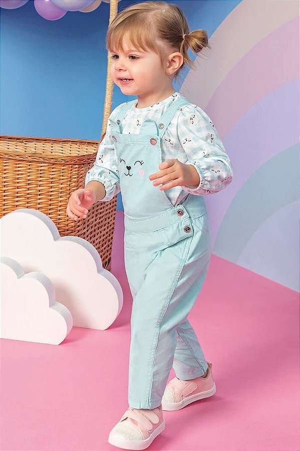 Jardineira Trendy em Sarja e Bata em Malha Fresh - Azul - Infanti