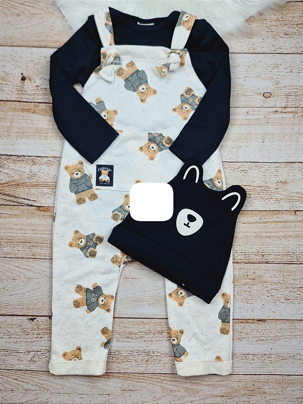 Jardineira Baby Boo em Moletom Linho sem Pelúcia e Body em Suedine - Preto - Lucboo