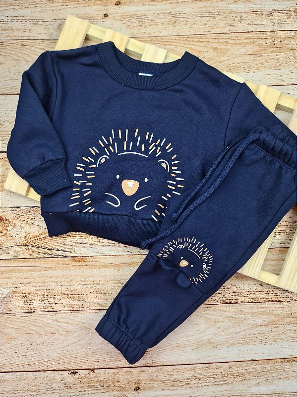 Conjunto Sweet Animals de Blusão e Calça em Moletom 3 Cabos com Pelúcia - Azul Marinho- Lucboo