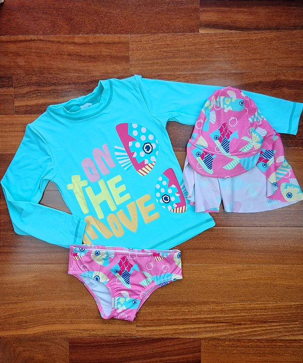 Trio Praia Peixes Rosa Elastano Kids Proteção UV 50+