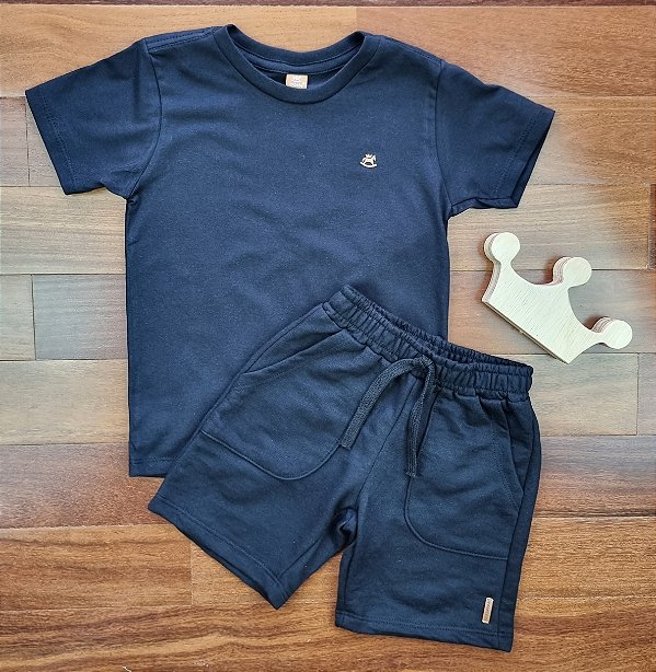 Conjunto Camiseta Meia Malha e Bermuda em Moletom sem Felpa Preto Up Baby
