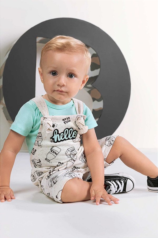 Conjunto de Jardineira em Moletom Linho sem Pelúcia e Body em Malha Lucboo