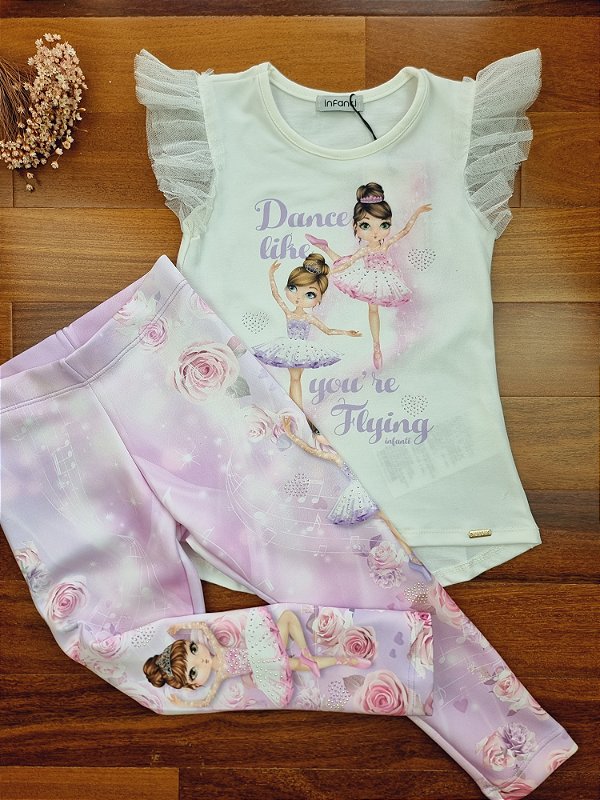 Conjunto de Blusa Alongada em Cotton e Tule com Legging em Fly Tech Infanti