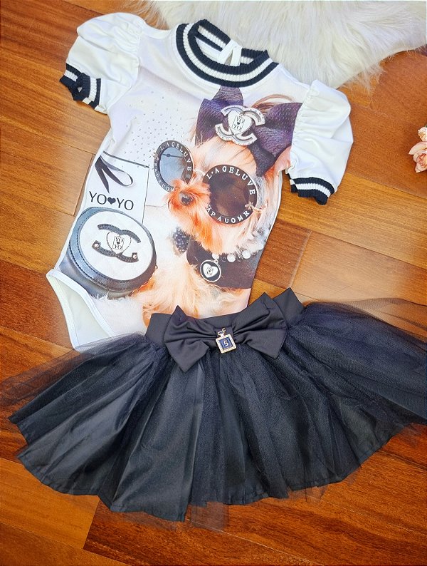 Conjunto Body Cachorrinho e Shorts Saia com Lacinho Yoyo