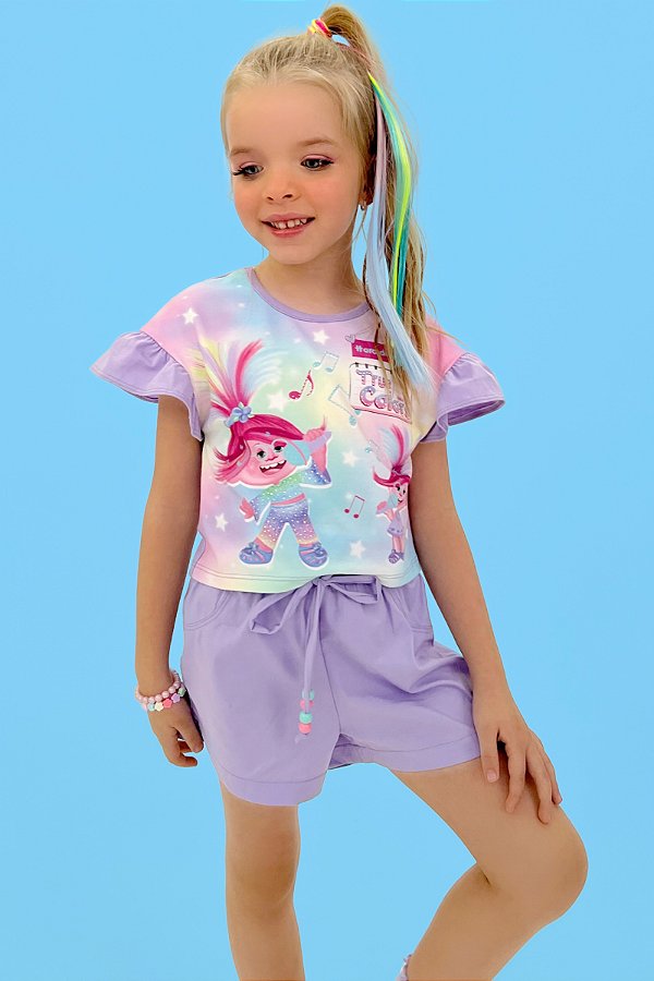 Conjunto Blusa e Shorts Hora de Cantar True Colors Trolls Kukiê