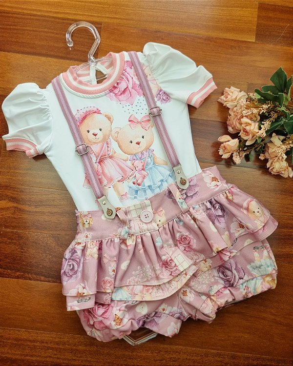Conjunto Body Ursinho e Short com Suspensório Yoyo