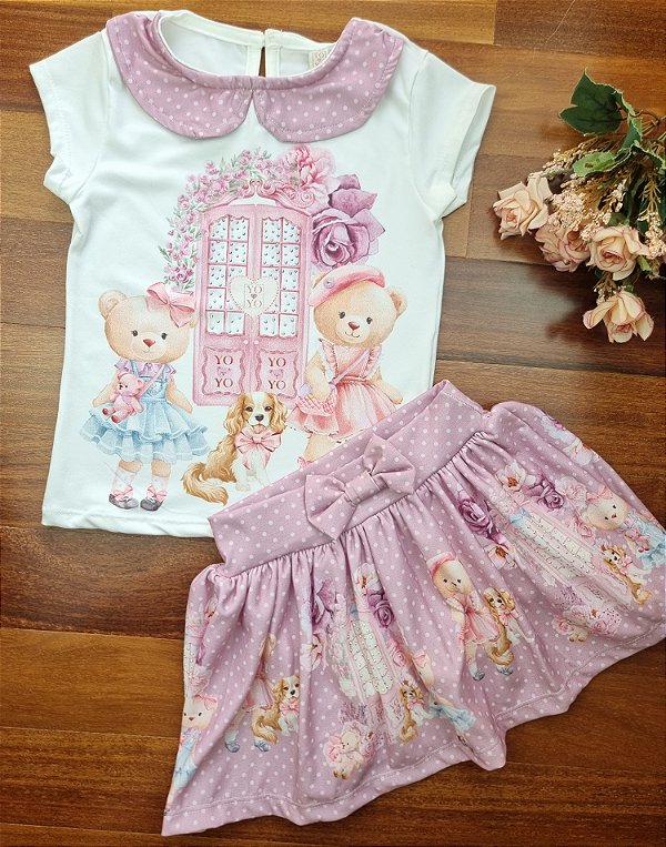 Conjunto Blusa Ursinho e Short Saia com Strass Yoyo
