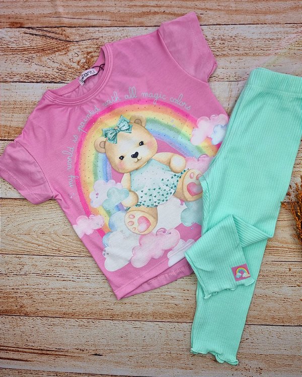 Conjunto de Camiseta Alongada em Meia Malha e Legging em Canelado Maui Infanti