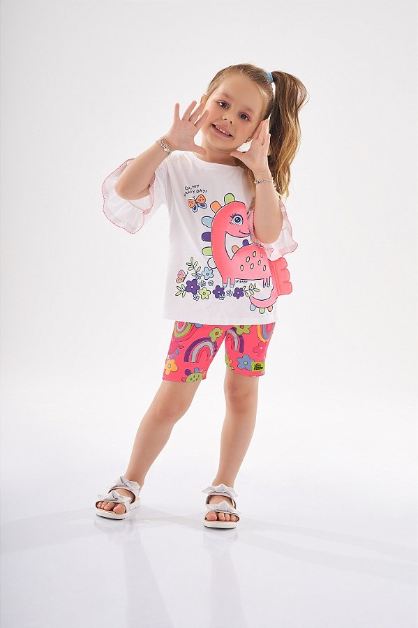 Conjunto Blusa Meia Malha e Bermuda Cotton Dino Up Baby