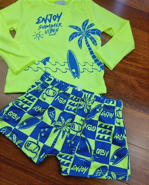 Conjunto Camiseta e Sunga Praia Malha Poliéster Amarelo Quimby