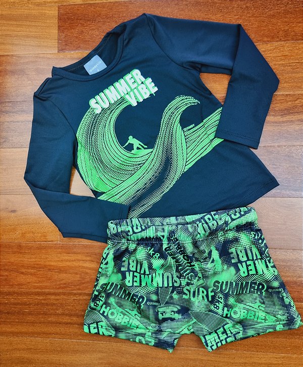 Conjunto Camiseta e Sunga Praia Malha Poliéster Preto Quimby
