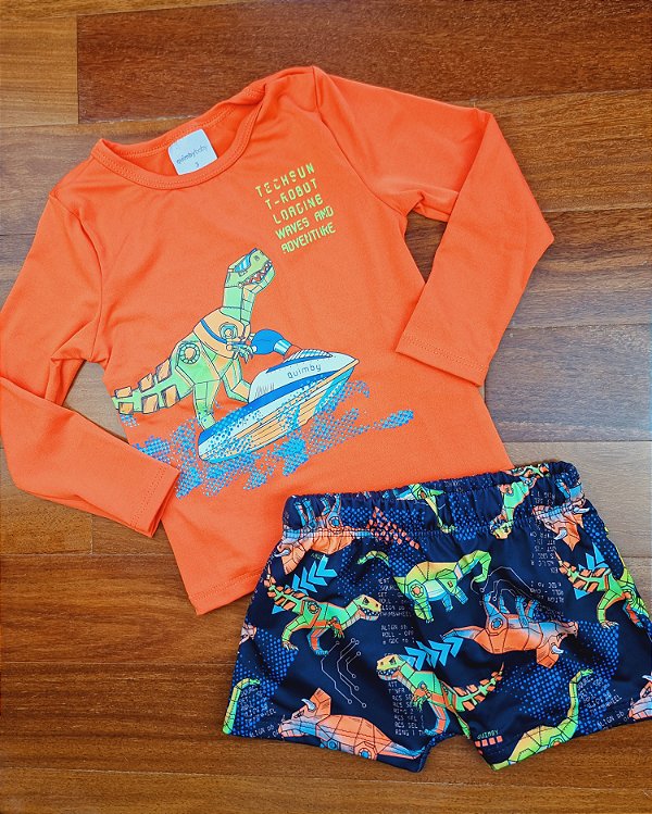 Conjunto Camiseta e Sunga Praia Malha Poliéster Laranja Quimby