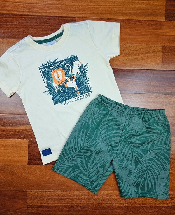 Conjunto Camiseta em Malha e Bermuda Moletom Bege Quimby