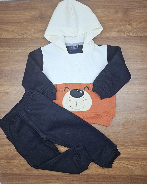 Conjunto Blusa com Capuz e Calça em Moletom Flanelado Cachorro Vrasalon