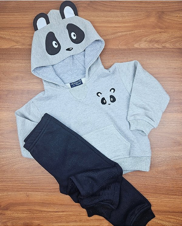 Conjunto Blusa com Capuz e Calça em Moletom Flanelado Panda Vrasalon