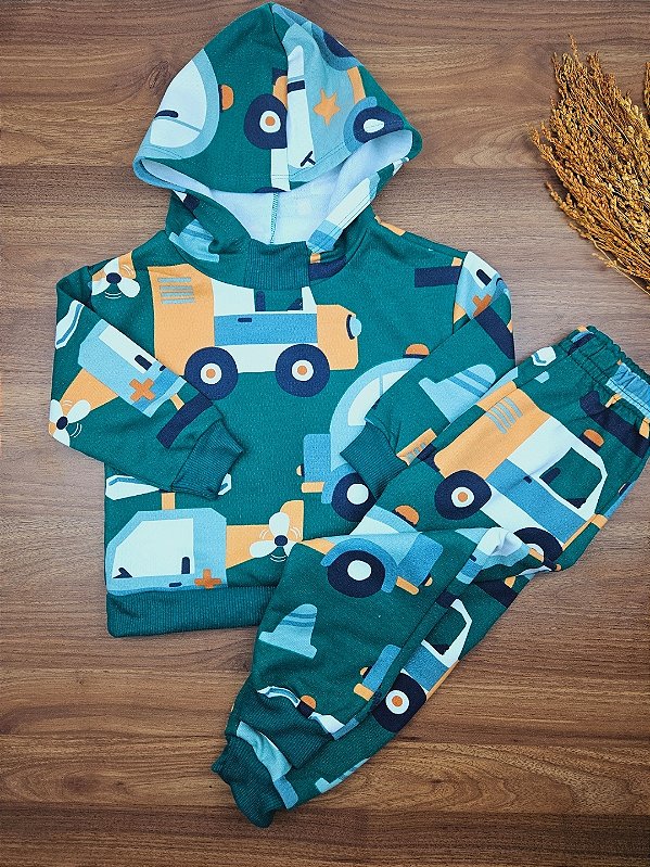 Conjunto Blusão com Capuz e Calça em Moletom Carros Up Baby