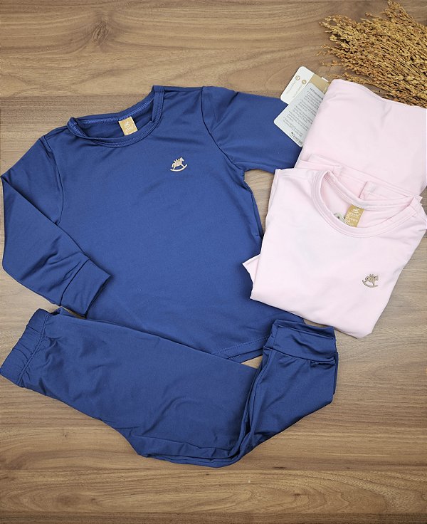 Conjunto em Malha Térmica Camiseta Manga Longa e Calça Marinho Up Baby