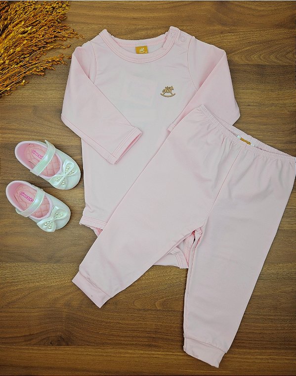 Conjunto Body e Calça em Malha Térmica Rosa Claro Up Baby