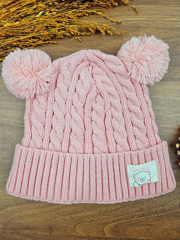 Gorro Tricô Pompom Rosa Kukiê
