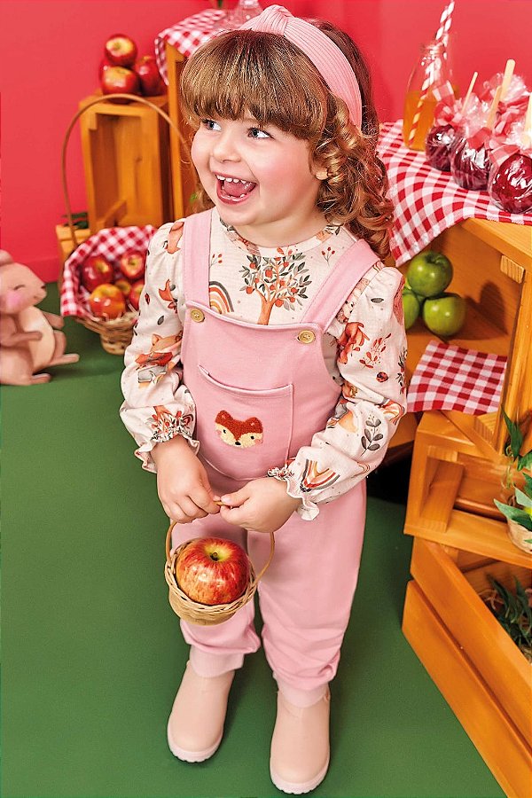 Conjunto de Body em Malha Wave e Jardineira em Moletom sem Pelúcia Kukiê