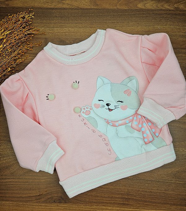 Blusão em Moletom com Pelúcia Gatinho Kukiê