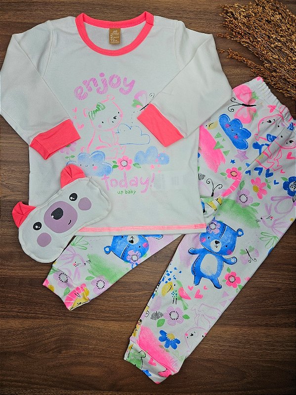 Pijama Camiseta, Calça e Tapa Olhos em Suedine Up Baby