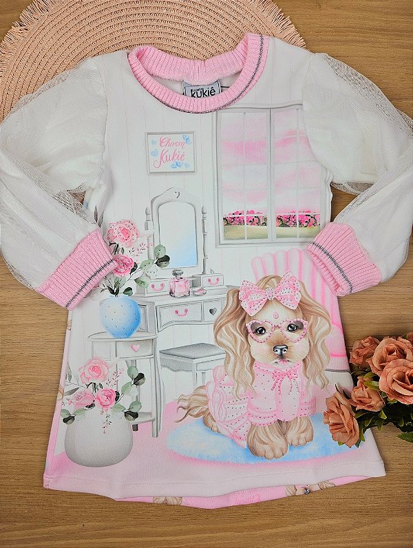 Vestido em Fly Tech e Tule Kukiê
