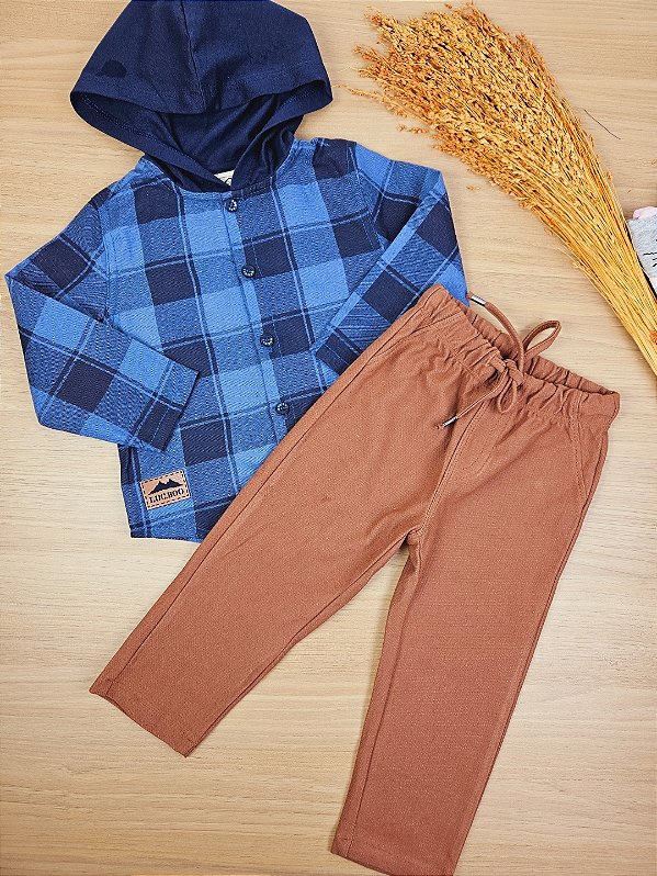 Conjunto de Camisa em Flanela Xadrez e Calça Skinny em Cotton Jeans LucBoo
